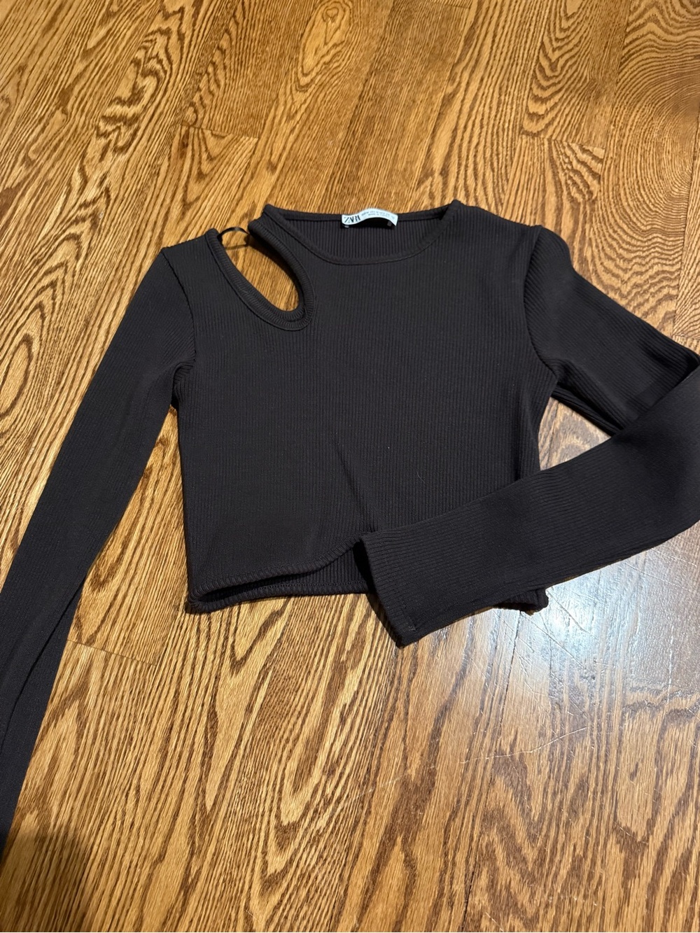 Zara Black Ribbed Asymmetric Cutout Long-Sleeve Top
